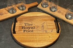 Wooden serving tray and beer flights made by Matthew Friend.
